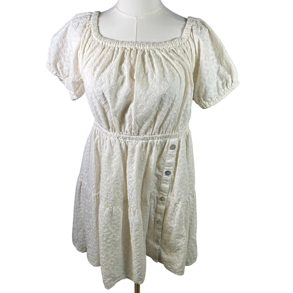Shyanne Women's Dress Ivory‎ Floral Eyelet Short Sleeve Tiered Button Bohemian M